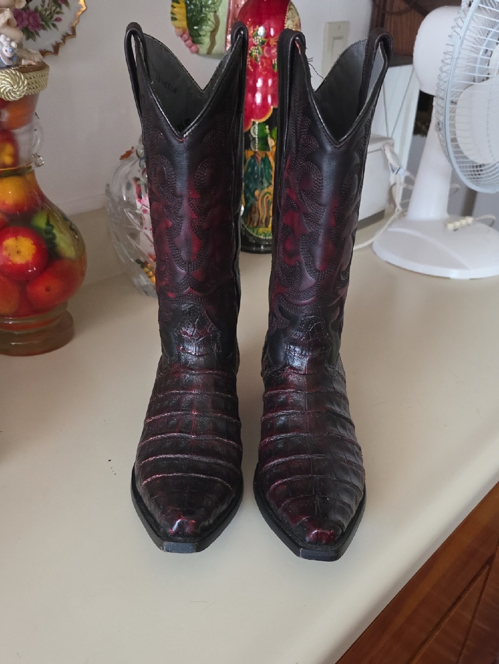 Genuine Alligator, Men's Western Cowboy Boots in Dark Burgundy and Black